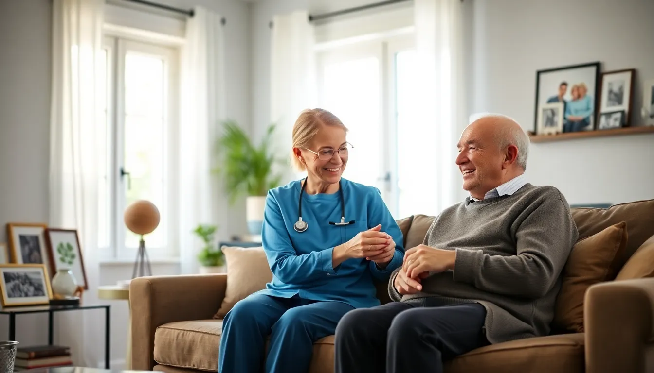 caregiver assisting an elderly person in a cozy living room.