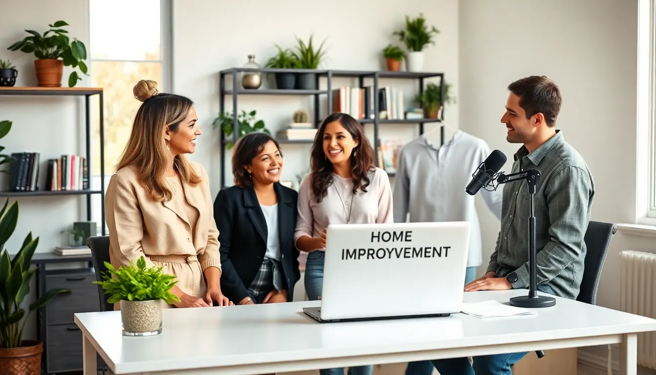 diverse group recording a home improvement podcast in a modern workspace.