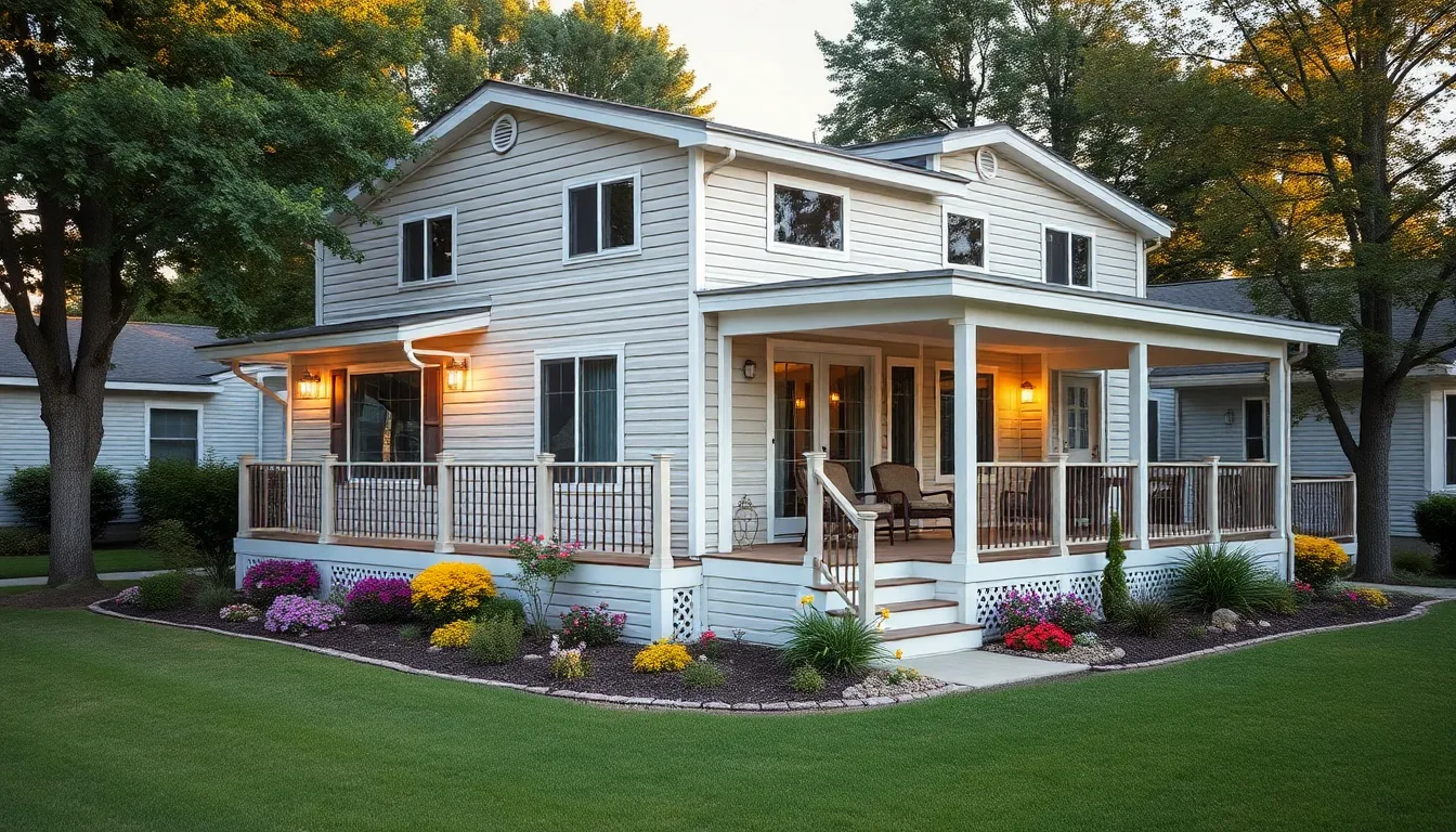 manufactured home with a wrap-around porch in a suburban setting.