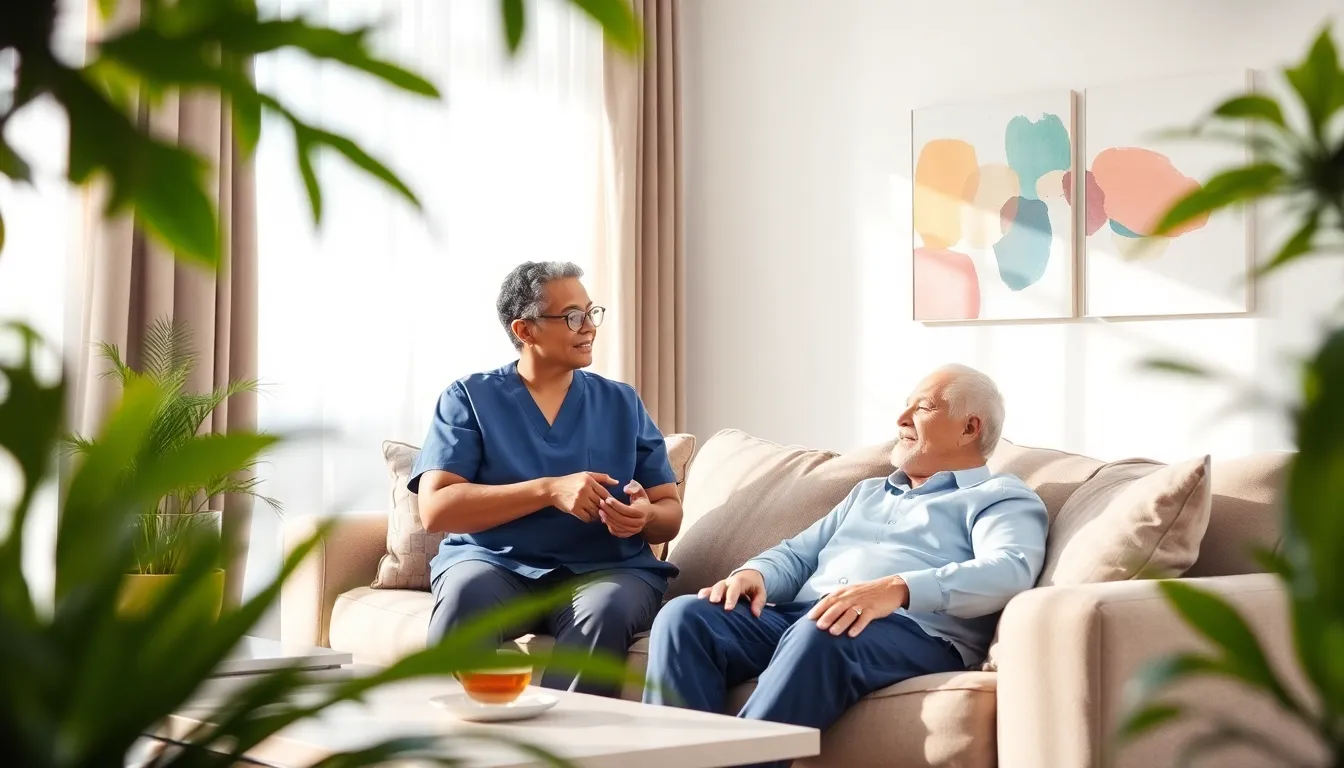home care worker assisting an elderly man in a cozy living room.