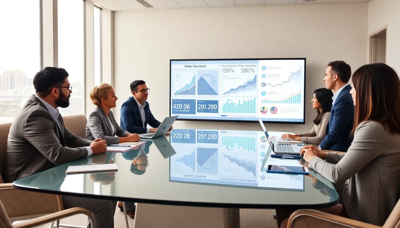 diverse professionals discussing water investment in a modern office.