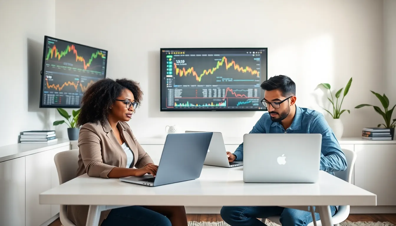 diverse professionals working from home on online investing.