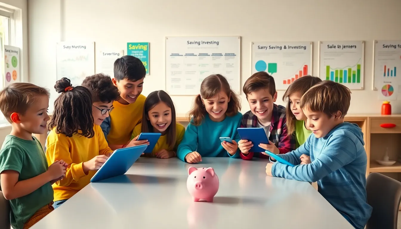 children using a kids investing app in a modern classroom.