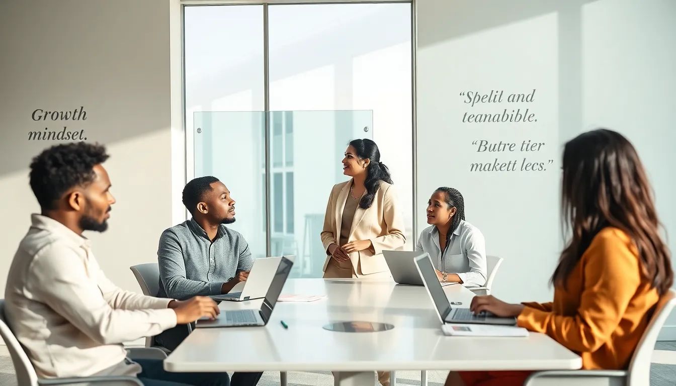 diverse professionals discussing ideas in a modern office setting.