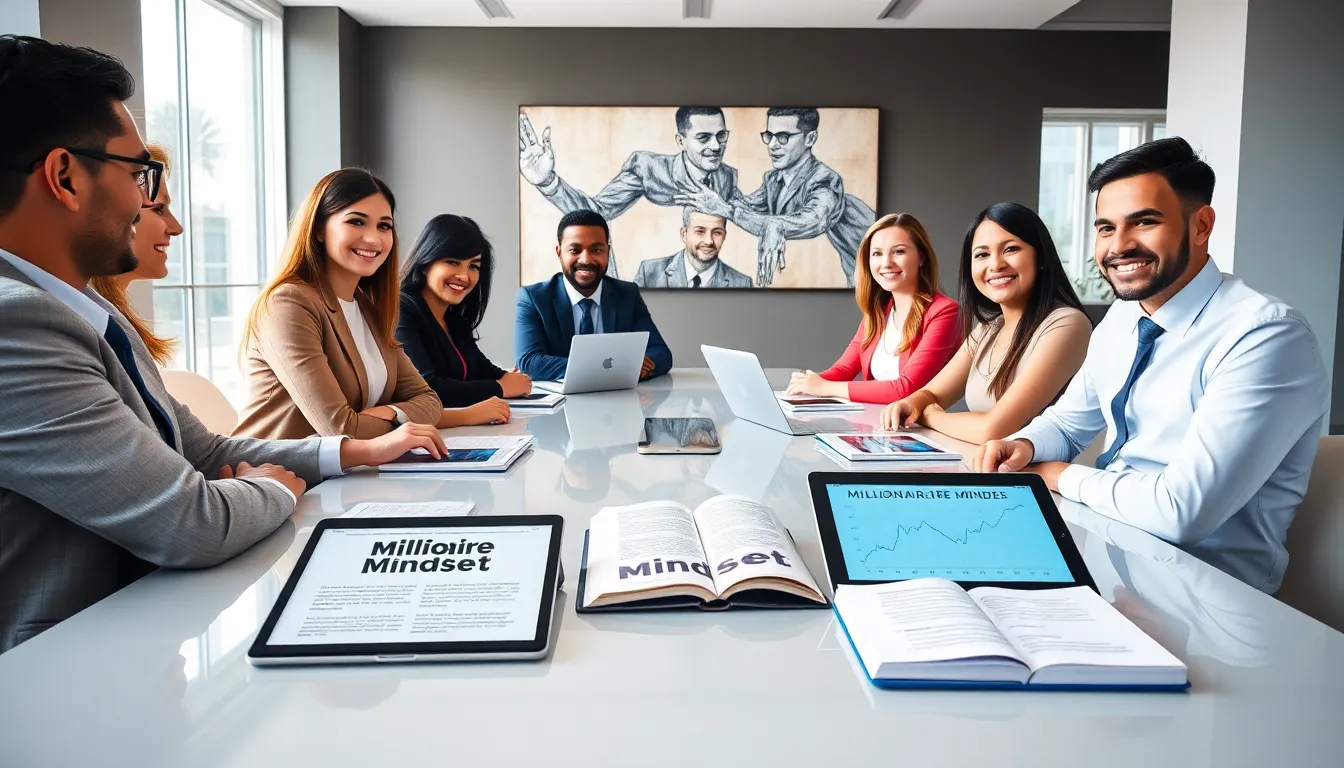 Diverse professionals discussing wealth strategies in a modern office.
