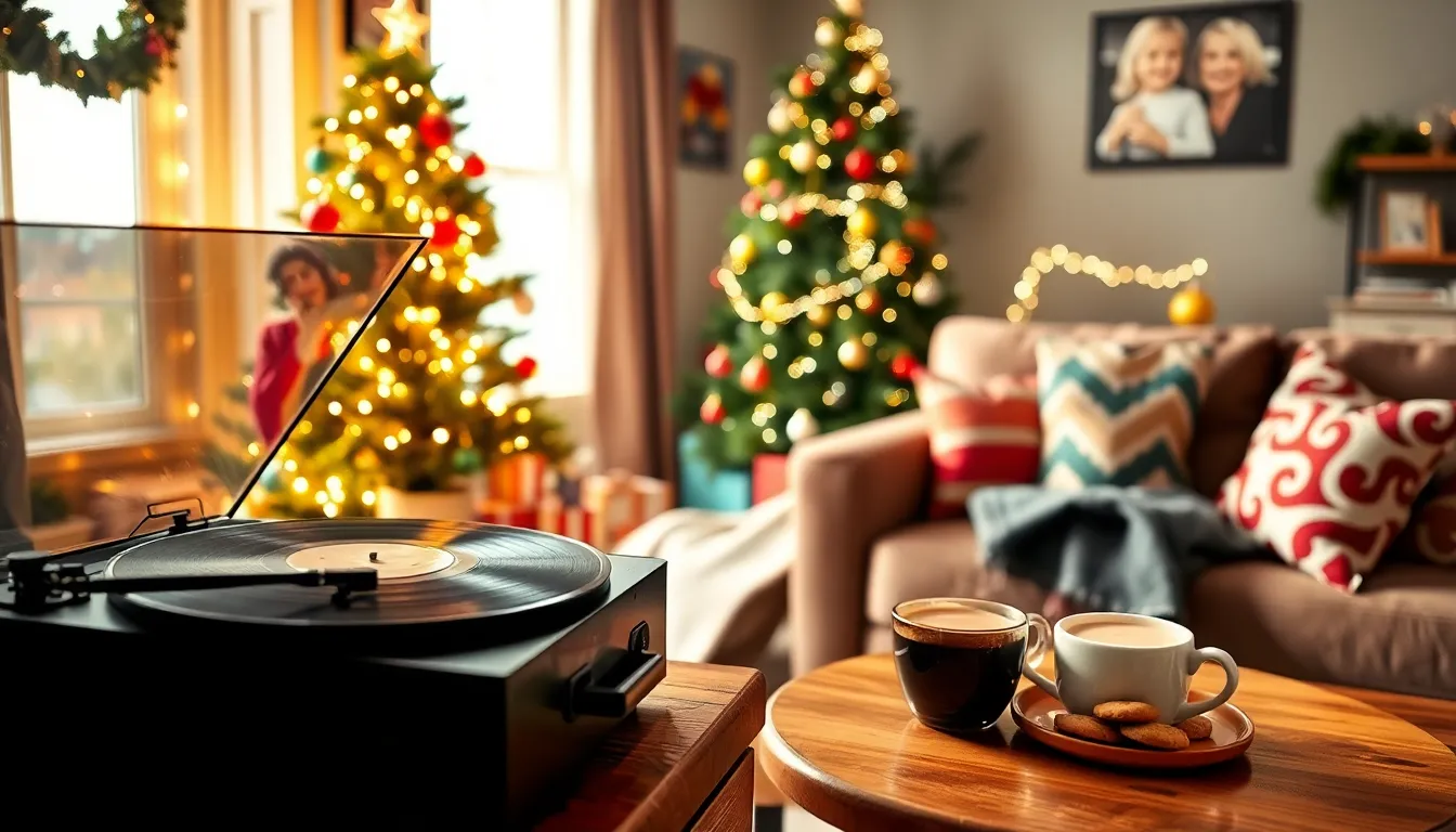 cozy holiday living room with Christmas decorations and a vinyl record player.